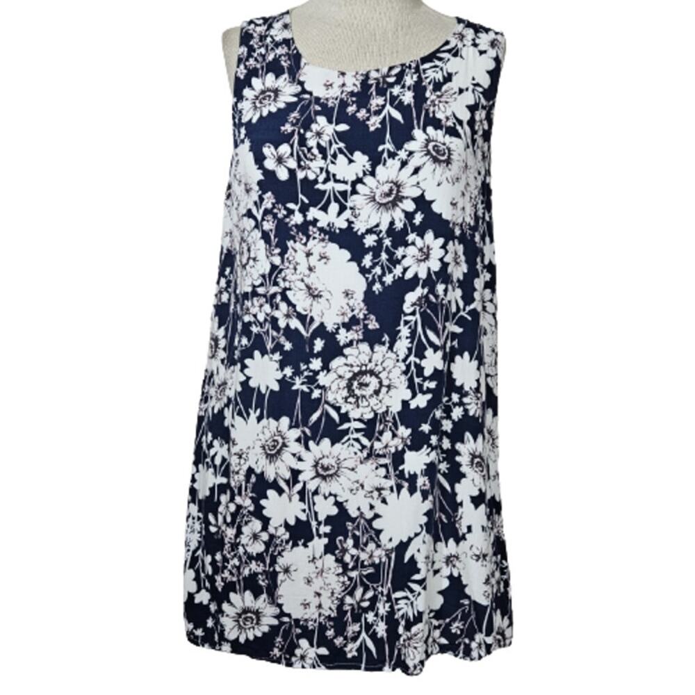 Navy Blue and White Floral Sleeveless Top Size Medium